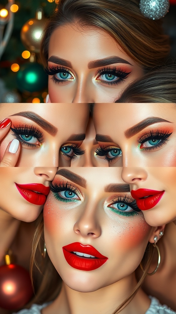 A collection of Christmas makeup ideas with bold colors and glitter, set against a festive background.